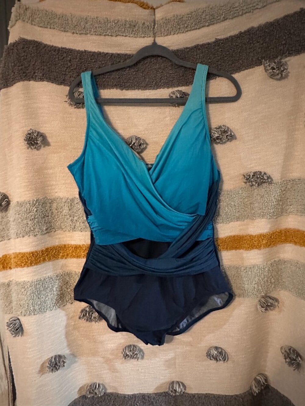 Lands' End Slender Suit Crossover One-Piece Swimsuit - Turquoise & Navy Ombre 20